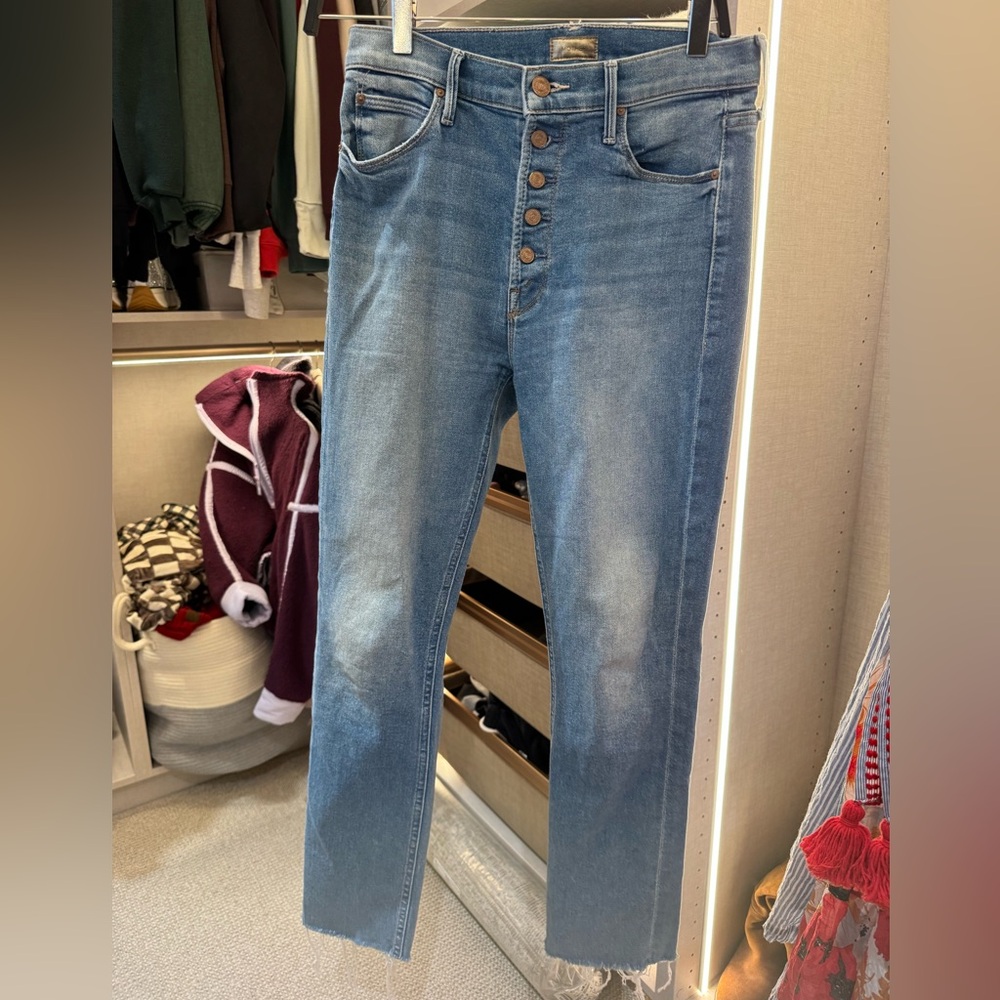 MOTHER Denim Button-Fly Jeans The Pixie Dazzler Ankle Fray